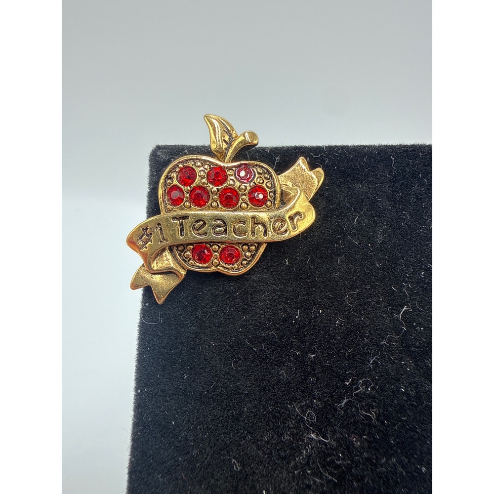 Vintage Avon #1 Teacher Apple Pin Gold Tone Red Rhinestone Tie Tack Lapel Pin